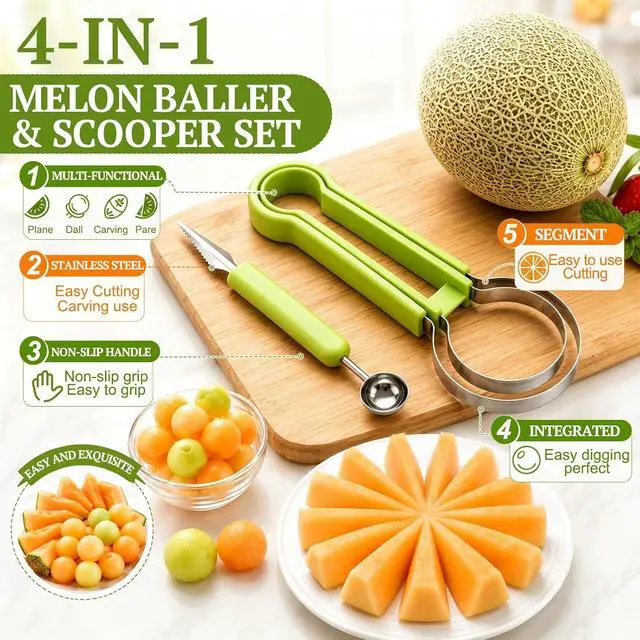 Alt view image 5 of 7 - Suuker 4 in 1 Melon Baller Scoop Set, Green | Stainless Steel, Fruit Cutters Shapes, Watermelon Scooper and Baller, Fruit Carving Tools