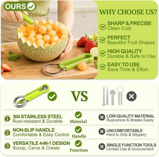 Alt view image 7 of 7 - Suuker 4 in 1 Melon Baller Scoop Set, Green | Stainless Steel, Fruit Cutters Shapes, Watermelon Scooper and Baller, Fruit Carving Tools