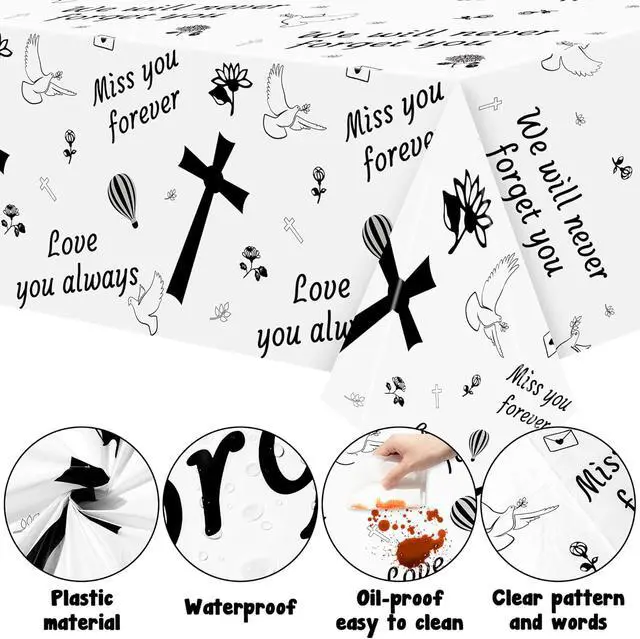 Alt view image 3 of 6 - Xqumoi 3Pcs Memorial Table Cover Plastic Disposable Rectangle Waterproof Tablecloths Remembrance Funeral Celebration of Life Table Cover Farewell Anniversary Party Supplies Decoration(108 x 54 Inch)