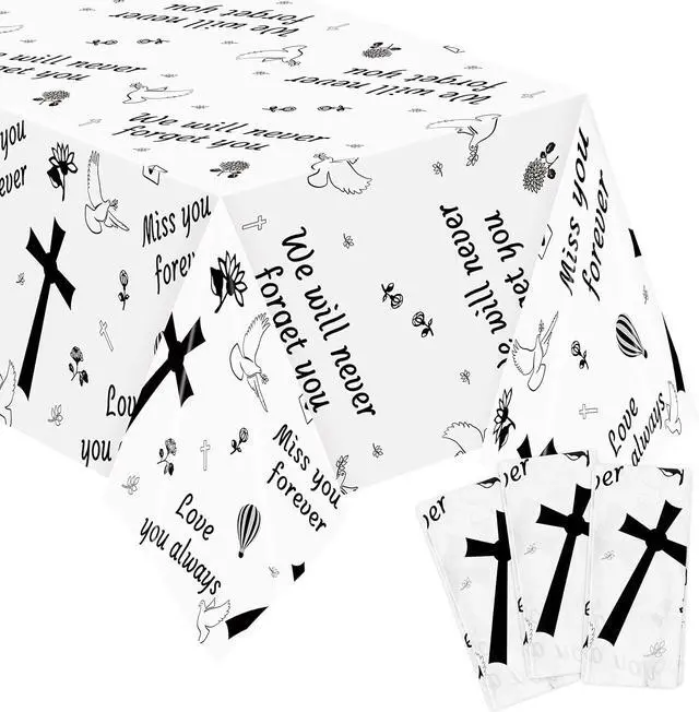 Main image of Xqumoi 3Pcs Memorial Table Cover Plastic Disposable Rectangle Waterproof Tablecloths Remembrance Funeral Celebration of Life Table Cover Farewell Anniversary Party Supplies Decoration(108 x 54 Inch)
