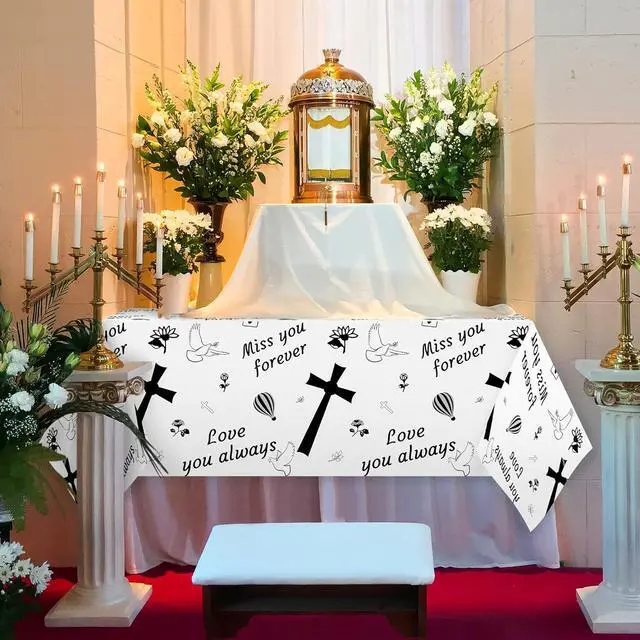Alt view image 5 of 6 - Xqumoi 3Pcs Memorial Table Cover Plastic Disposable Rectangle Waterproof Tablecloths Remembrance Funeral Celebration of Life Table Cover Farewell Anniversary Party Supplies Decoration(108 x 54 Inch)