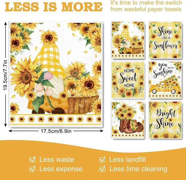 Alt view image 2 of 7 - Whaline 6Pcs Sunflower Swedish Kitchen Dishcloths Yellow Flower Gnome Truck Dish Towel Floral Plaid Spring Summer Cotton Absorbent Dish Cloth for Home Cleaning Housewarming, 6.9 x 7.7 Inch