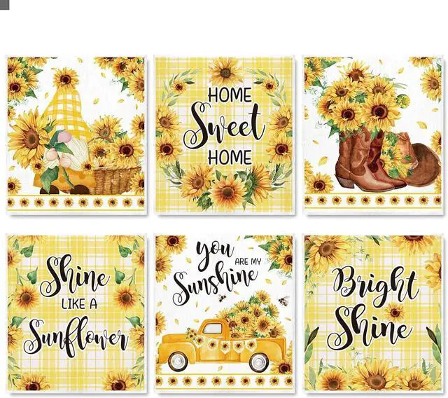 Main image of Whaline 6Pcs Sunflower Swedish Kitchen Dishcloths Yellow Flower Gnome Truck Dish Towel Floral Plaid Spring Summer Cotton Absorbent Dish Cloth for Home Cleaning Housewarming, 6.9 x 7.7 Inch