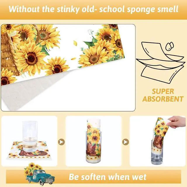Alt view image 4 of 7 - Whaline 6Pcs Sunflower Swedish Kitchen Dishcloths Yellow Flower Gnome Truck Dish Towel Floral Plaid Spring Summer Cotton Absorbent Dish Cloth for Home Cleaning Housewarming, 6.9 x 7.7 Inch
