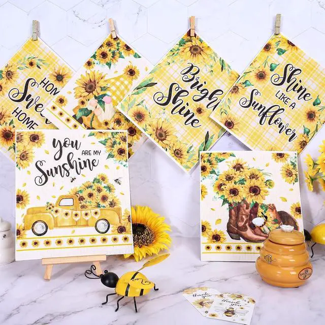 Alt view image 6 of 7 - Whaline 6Pcs Sunflower Swedish Kitchen Dishcloths Yellow Flower Gnome Truck Dish Towel Floral Plaid Spring Summer Cotton Absorbent Dish Cloth for Home Cleaning Housewarming, 6.9 x 7.7 Inch