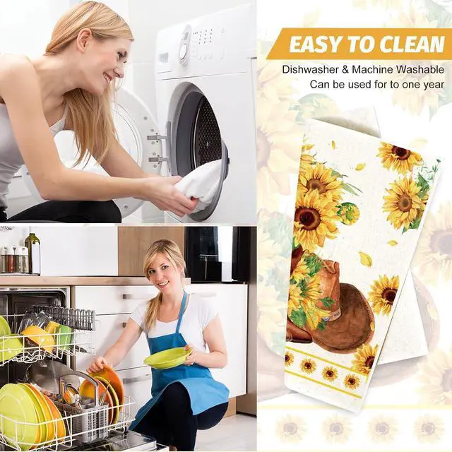 Alt view image 5 of 7 - Whaline 6Pcs Sunflower Swedish Kitchen Dishcloths Yellow Flower Gnome Truck Dish Towel Floral Plaid Spring Summer Cotton Absorbent Dish Cloth for Home Cleaning Housewarming, 6.9 x 7.7 Inch