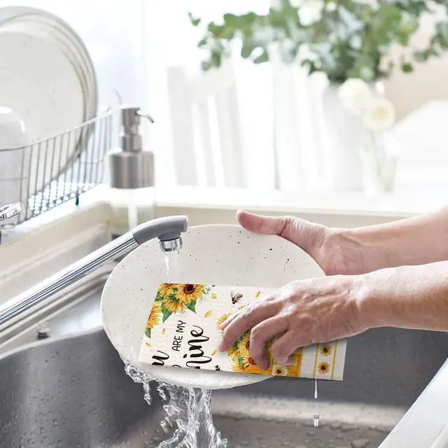 Alt view image 7 of 7 - Whaline 6Pcs Sunflower Swedish Kitchen Dishcloths Yellow Flower Gnome Truck Dish Towel Floral Plaid Spring Summer Cotton Absorbent Dish Cloth for Home Cleaning Housewarming, 6.9 x 7.7 Inch