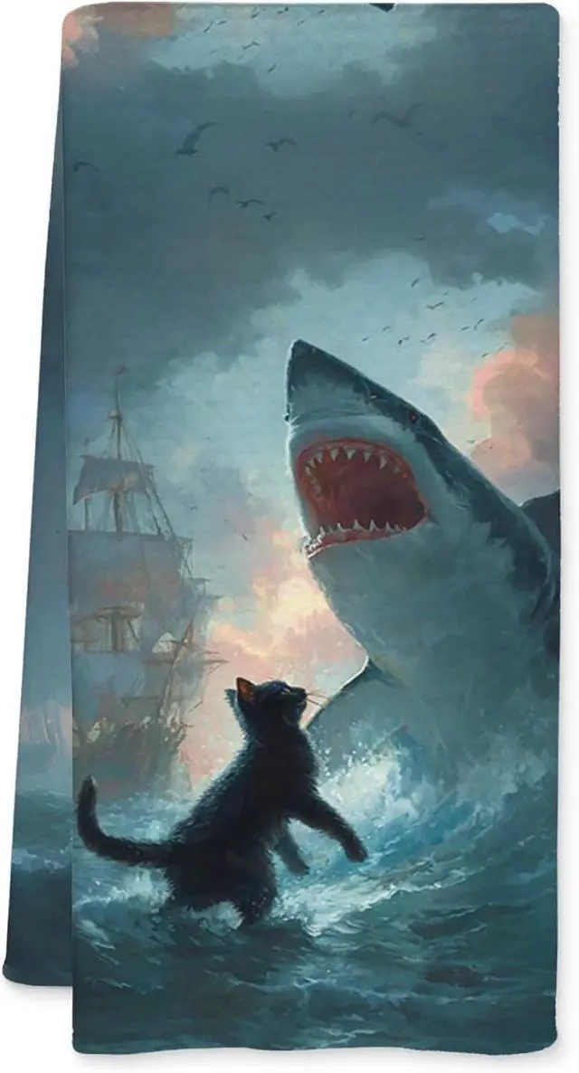 Main image of Funny Coastal Beach Cat Shark Kitchen Towels, Funny Cat Mom Lovers Gifts Dish Tea Towels for Kitchen Decor, Ocean Black Kitty Shark Decorative Hand Towel for Bathroom Decor, 16x24 Inch