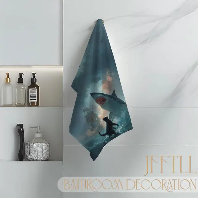 Alt view image 4 of 7 - Funny Coastal Beach Cat Shark Kitchen Towels, Funny Cat Mom Lovers Gifts Dish Tea Towels for Kitchen Decor, Ocean Black Kitty Shark Decorative Hand Towel for Bathroom Decor, 16x24 Inch