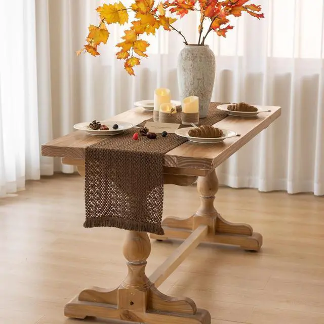 Alt view image 2 of 7 - Fall Thanksgiving Boho Macrame Brown Table Runner 13x48 Inch | Woven Burlap Rustic Runner | Ideal for Coffee Table, Dresser & Dining Room | Brown Bohemian Decor