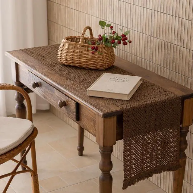 Alt view image 3 of 7 - Fall Thanksgiving Boho Macrame Brown Table Runner 13x48 Inch | Woven Burlap Rustic Runner | Ideal for Coffee Table, Dresser & Dining Room | Brown Bohemian Decor