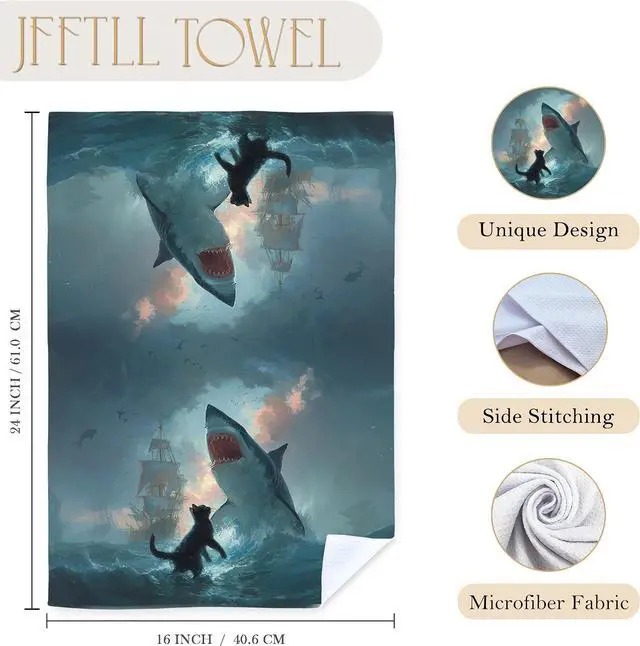 Alt view image 7 of 7 - Funny Coastal Beach Cat Shark Kitchen Towels, Funny Cat Mom Lovers Gifts Dish Tea Towels for Kitchen Decor, Ocean Black Kitty Shark Decorative Hand Towel for Bathroom Decor, 16x24 Inch