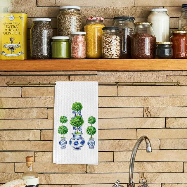 Alt view image 2 of 5 - Blue and White Porcelain Chinoiserie Towels, Green Topiary Tree Dish Towels for Kitchen, Hand Towels for Bathroom, 16x24 Inches