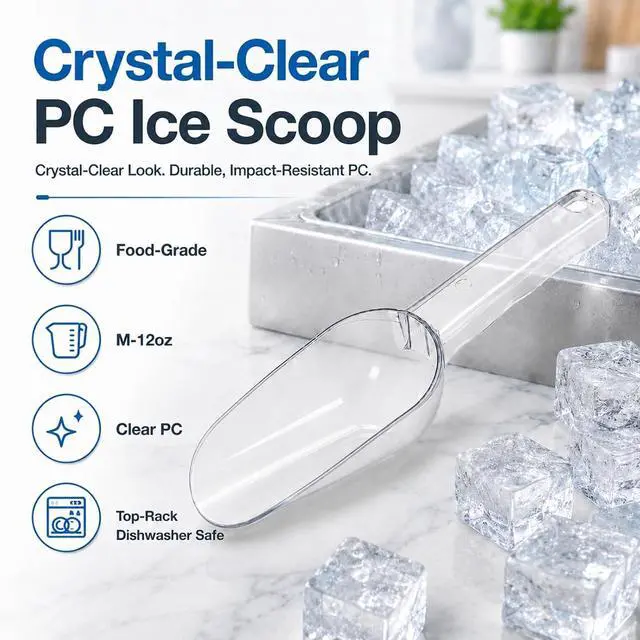 Alt view image 2 of 6 - Ice Scoop for Freezer, M-12 oz Clear Plastic Ice Cube Scooper for Buckets | Food-Grade PC, Ergonomic Wavy Handle, Dishwasher Safe; for Ice Makers, Fridges, Home Bars, Coffee Beans, Candy and Pet Food