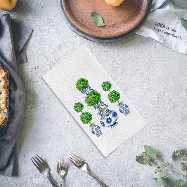 Alt view image 4 of 5 - Blue and White Porcelain Chinoiserie Towels, Green Topiary Tree Dish Towels for Kitchen, Hand Towels for Bathroom, 16x24 Inches