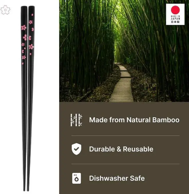 Alt view image 3 of 6 - Portable Bamboo Chopsticks with Case Reusable Travel Chopsticks Utensil Set, Dishwasher Safe, Sakura Pattern, Made in Japan