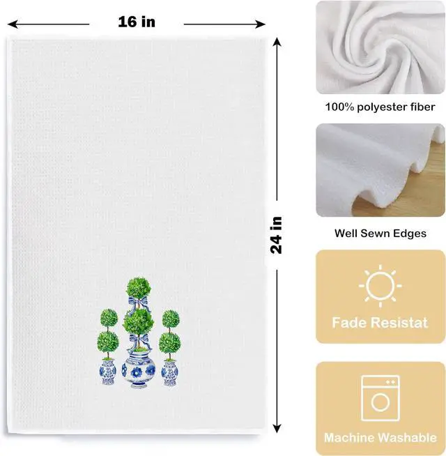 Alt view image 5 of 5 - Blue and White Porcelain Chinoiserie Towels, Green Topiary Tree Dish Towels for Kitchen, Hand Towels for Bathroom, 16x24 Inches