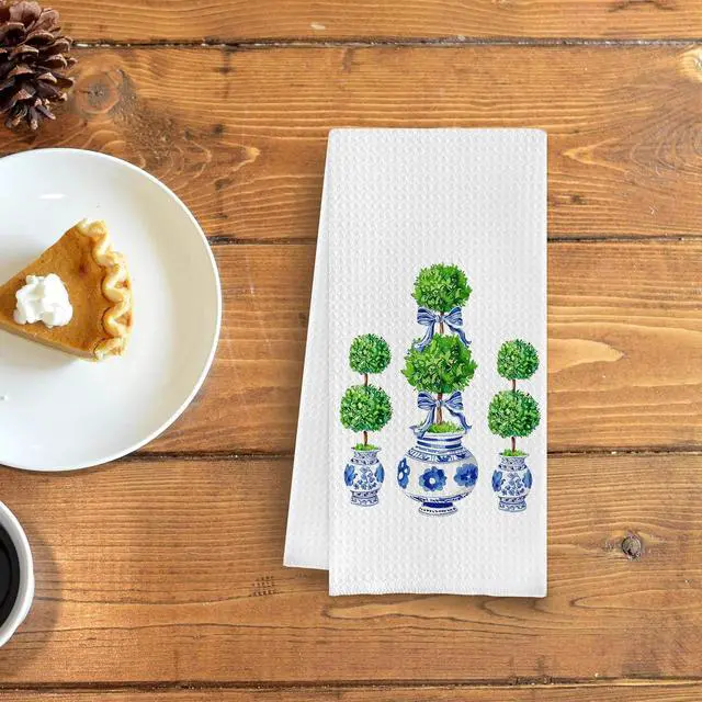 Alt view image 3 of 5 - Blue and White Porcelain Chinoiserie Towels, Green Topiary Tree Dish Towels for Kitchen, Hand Towels for Bathroom, 16x24 Inches