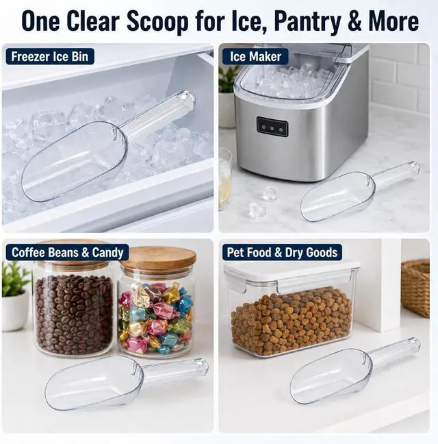 Alt view image 4 of 6 - Ice Scoop for Freezer, M-12 oz Clear Plastic Ice Cube Scooper for Buckets | Food-Grade PC, Ergonomic Wavy Handle, Dishwasher Safe; for Ice Makers, Fridges, Home Bars, Coffee Beans, Candy and Pet Food
