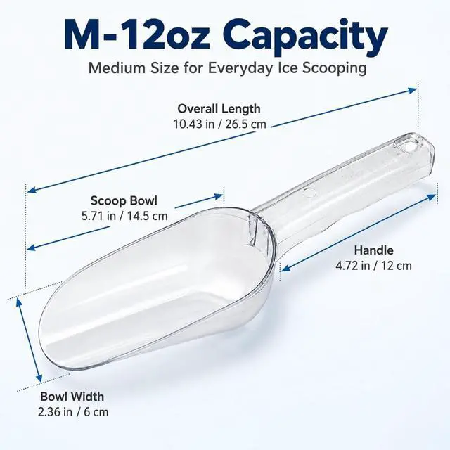 Alt view image 6 of 6 - Ice Scoop for Freezer, M-12 oz Clear Plastic Ice Cube Scooper for Buckets | Food-Grade PC, Ergonomic Wavy Handle, Dishwasher Safe; for Ice Makers, Fridges, Home Bars, Coffee Beans, Candy and Pet Food