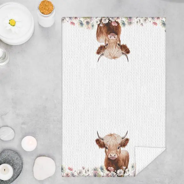 Alt view image 2 of 7 - Floral Highland Cow Kitchen Towels, Cow Lovers Gifts for Women Dish Tea Towels for Kitchen Decor, Farmhouse Flower Highland Cattle Decorative Hand Towel, 16x24 Inches
