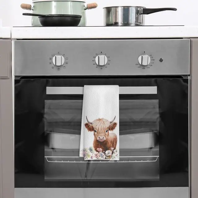 Alt view image 4 of 7 - Floral Highland Cow Kitchen Towels, Cow Lovers Gifts for Women Dish Tea Towels for Kitchen Decor, Farmhouse Flower Highland Cattle Decorative Hand Towel, 16x24 Inches