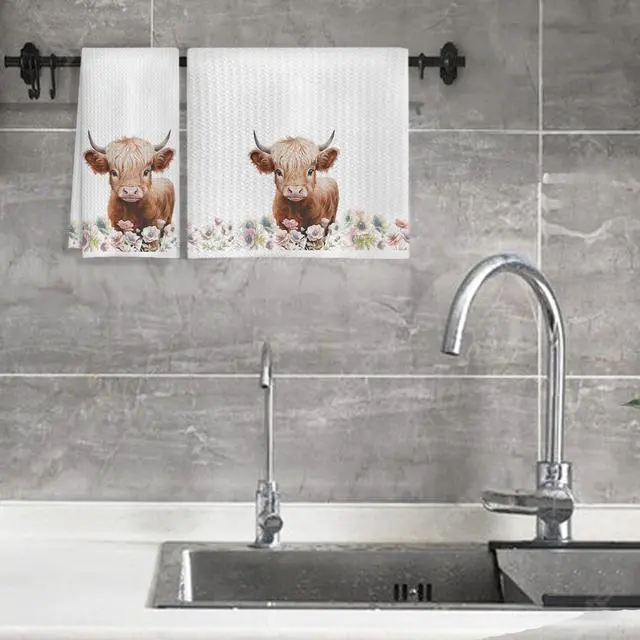 Alt view image 3 of 7 - Floral Highland Cow Kitchen Towels, Cow Lovers Gifts for Women Dish Tea Towels for Kitchen Decor, Farmhouse Flower Highland Cattle Decorative Hand Towel, 16x24 Inches