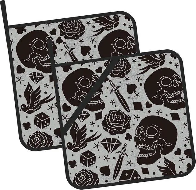 Main image of Skull and Rose Pot Holders Set of 2 Kitchen Heat Resistant Potholder for Microwave Cooking Baking Oven End Dishes and BBQ