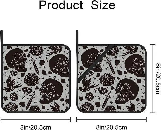 Alt view image 2 of 7 - Skull and Rose Pot Holders Set of 2 Kitchen Heat Resistant Potholder for Microwave Cooking Baking Oven End Dishes and BBQ