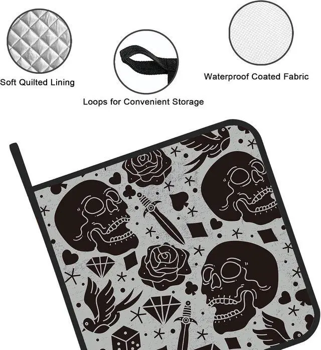 Alt view image 3 of 7 - Skull and Rose Pot Holders Set of 2 Kitchen Heat Resistant Potholder for Microwave Cooking Baking Oven End Dishes and BBQ