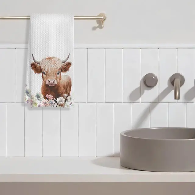 Alt view image 5 of 7 - Floral Highland Cow Kitchen Towels, Cow Lovers Gifts for Women Dish Tea Towels for Kitchen Decor, Farmhouse Flower Highland Cattle Decorative Hand Towel, 16x24 Inches