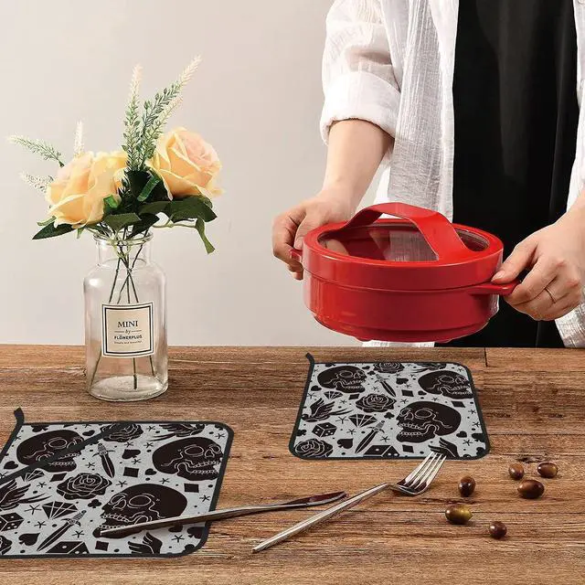 Alt view image 6 of 7 - Skull and Rose Pot Holders Set of 2 Kitchen Heat Resistant Potholder for Microwave Cooking Baking Oven End Dishes and BBQ