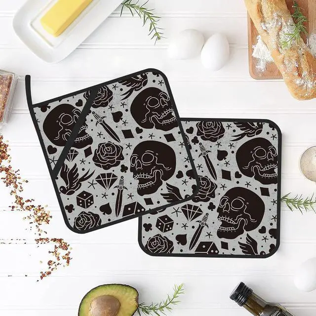 Alt view image 4 of 7 - Skull and Rose Pot Holders Set of 2 Kitchen Heat Resistant Potholder for Microwave Cooking Baking Oven End Dishes and BBQ