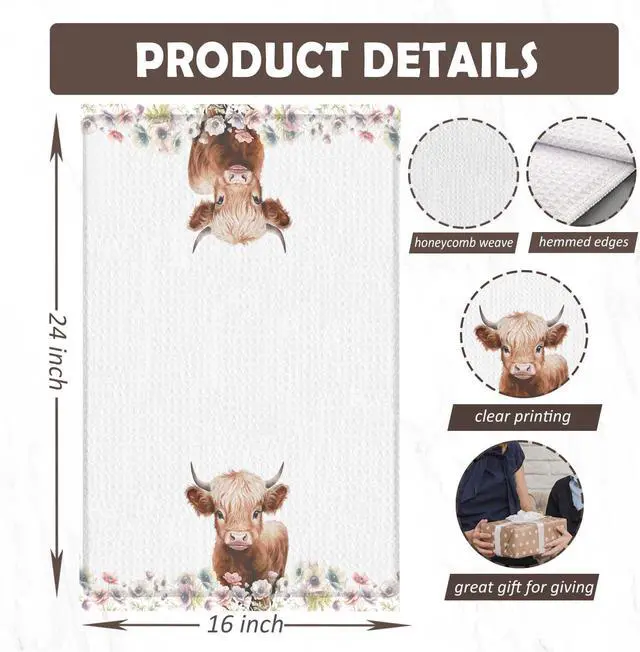 Alt view image 7 of 7 - Floral Highland Cow Kitchen Towels, Cow Lovers Gifts for Women Dish Tea Towels for Kitchen Decor, Farmhouse Flower Highland Cattle Decorative Hand Towel, 16x24 Inches