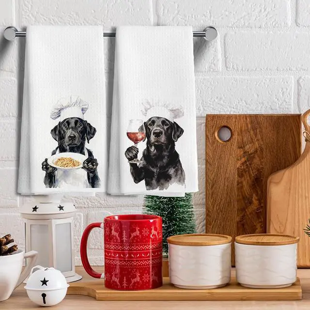 Alt view image 5 of 7 - Funny Black Lab Labrador Gifts for Women Men Wine Kitchen Hand Towels Set of 2Black Labrador Dog Kitchen Decor for Home Bar(16x24Inch)