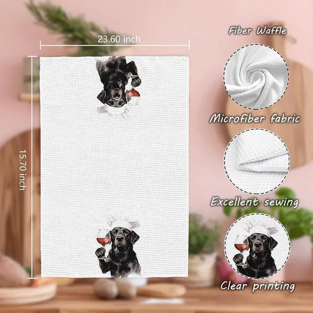 Alt view image 3 of 7 - Funny Black Lab Labrador Gifts for Women Men Wine Kitchen Hand Towels Set of 2Black Labrador Dog Kitchen Decor for Home Bar(16x24Inch)