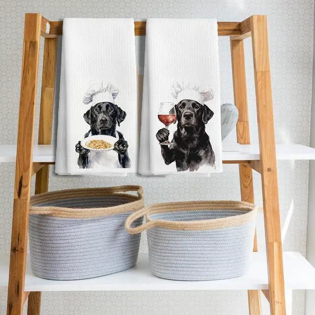 Alt view image 4 of 7 - Funny Black Lab Labrador Gifts for Women Men Wine Kitchen Hand Towels Set of 2Black Labrador Dog Kitchen Decor for Home Bar(16x24Inch)