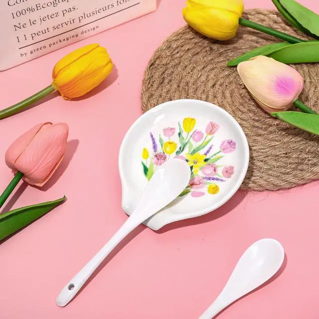 Alt view image 4 of 7 - FYSUIMU 3.9 Inch Spring Floral Mini Ceramic Spoon Rests Tulip Flower Small Spoon Holder Ring Dish for Stirrers Teaspoon Bar Spoon Coffee Bar Accessories Coffee Station