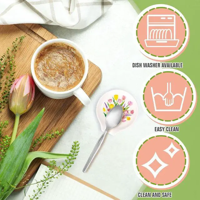 Alt view image 3 of 7 - FYSUIMU 3.9 Inch Spring Floral Mini Ceramic Spoon Rests Tulip Flower Small Spoon Holder Ring Dish for Stirrers Teaspoon Bar Spoon Coffee Bar Accessories Coffee Station