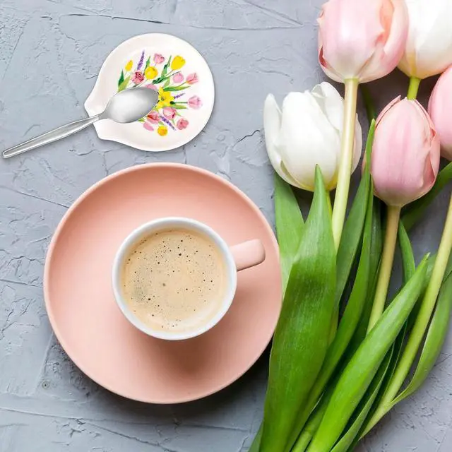 Alt view image 6 of 7 - FYSUIMU 3.9 Inch Spring Floral Mini Ceramic Spoon Rests Tulip Flower Small Spoon Holder Ring Dish for Stirrers Teaspoon Bar Spoon Coffee Bar Accessories Coffee Station
