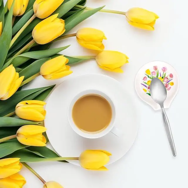 Alt view image 7 of 7 - FYSUIMU 3.9 Inch Spring Floral Mini Ceramic Spoon Rests Tulip Flower Small Spoon Holder Ring Dish for Stirrers Teaspoon Bar Spoon Coffee Bar Accessories Coffee Station