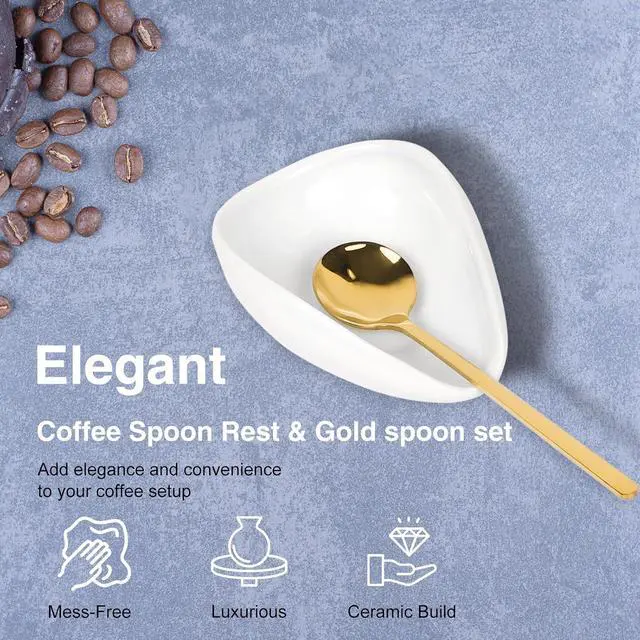 Alt view image 3 of 7 - Elegant Ceramic Spoon Rest for Kitchen & Coffee Bar - FEUNLEM Utensil Holder Keeps Counter Clean, Includes Gold Coffee Stirring Spoon, Gift for Coffee Lover (White, Gold)