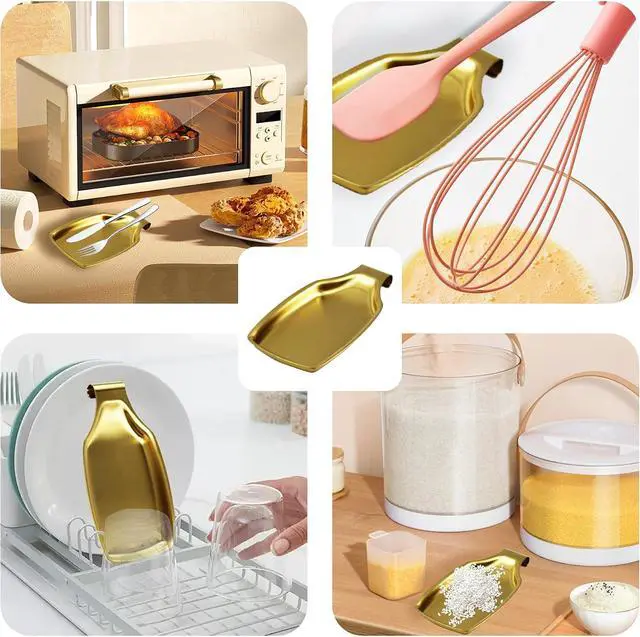 Alt view image 3 of 5 - Gold Spoon Rest for Stove Stainless Steel Kitchen Utensil Holder | Heavy duty gold stainless steel build, drip tray and hanging hook design, for kitchen ladles, spatulas and cooking utensils