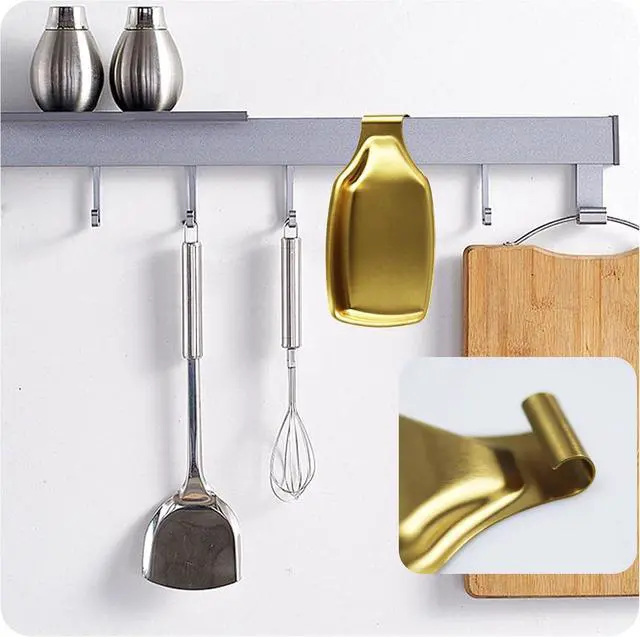 Alt view image 4 of 5 - Gold Spoon Rest for Stove Stainless Steel Kitchen Utensil Holder | Heavy duty gold stainless steel build, drip tray and hanging hook design, for kitchen ladles, spatulas and cooking utensils