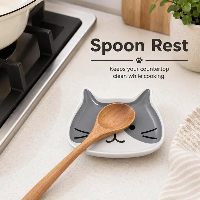 Alt view image 4 of 7 - Cat Ceramic Spoon Rest, Cute Utensil Holder for Kitchen Counter (Grey) | Cute Cat-Shaped Ceramic Dish for Spoons and Small Utensils, Ideal for Stove Top, Coffee Bars, Counters and Gifts