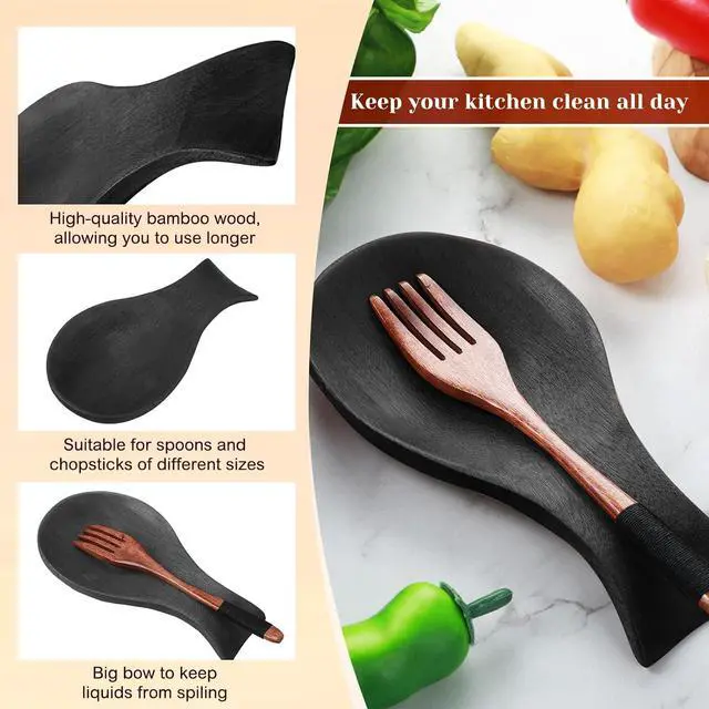 Alt view image 4 of 7 - Patelai Acacia Wood Spoon Rest for Kitchen Stove Top Utensils,Black | Wooden Spatula Holder for Countertop, Protects Surfaces from Stains, Farmhouse Kitchen Decor, Holds Spoons Ladles Utensils
