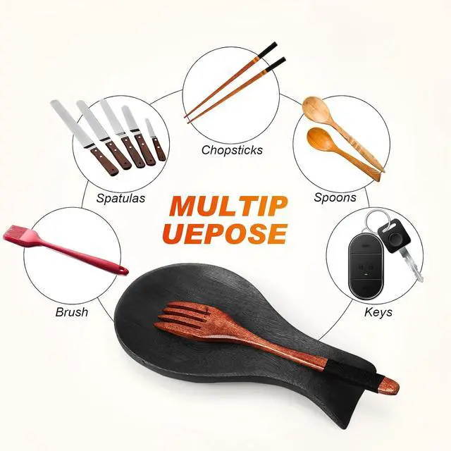 Alt view image 3 of 7 - Patelai Acacia Wood Spoon Rest for Kitchen Stove Top Utensils,Black | Wooden Spatula Holder for Countertop, Protects Surfaces from Stains, Farmhouse Kitchen Decor, Holds Spoons Ladles Utensils