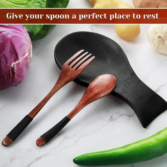 Alt view image 5 of 7 - Patelai Acacia Wood Spoon Rest for Kitchen Stove Top Utensils,Black | Wooden Spatula Holder for Countertop, Protects Surfaces from Stains, Farmhouse Kitchen Decor, Holds Spoons Ladles Utensils