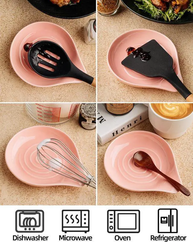 Alt view image 2 of 6 - Large Ceramic Spoon Rest 6.2 x 5.2 Inch Heat-Resistant Nonstick Spoon Holder for Stove Top, Glossy Finish, Dishwasher Safe, Stable & Heavy Duty for Cooking Utensils(Pink 1pc)