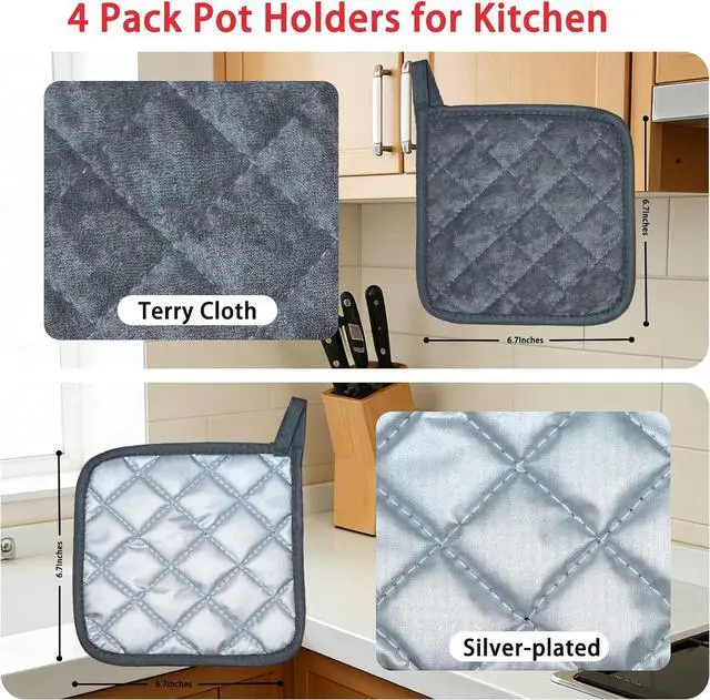 Alt view image 2 of 5 - 4 Pack Pot Holders for Kitchen Clearance Oven Potholders Sets for Kitchens Hot Pads for Kitchen Countertops Heat Resistant Grey